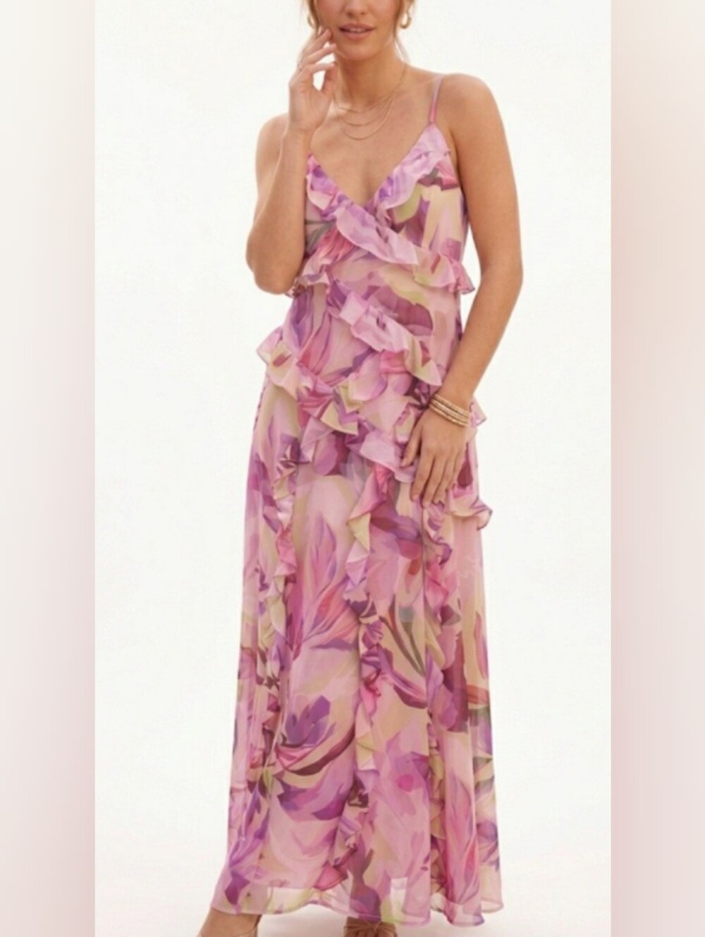 Hutch Floral Ruffle Tiered Maxi Dress Pink Watercolor - Size 12P